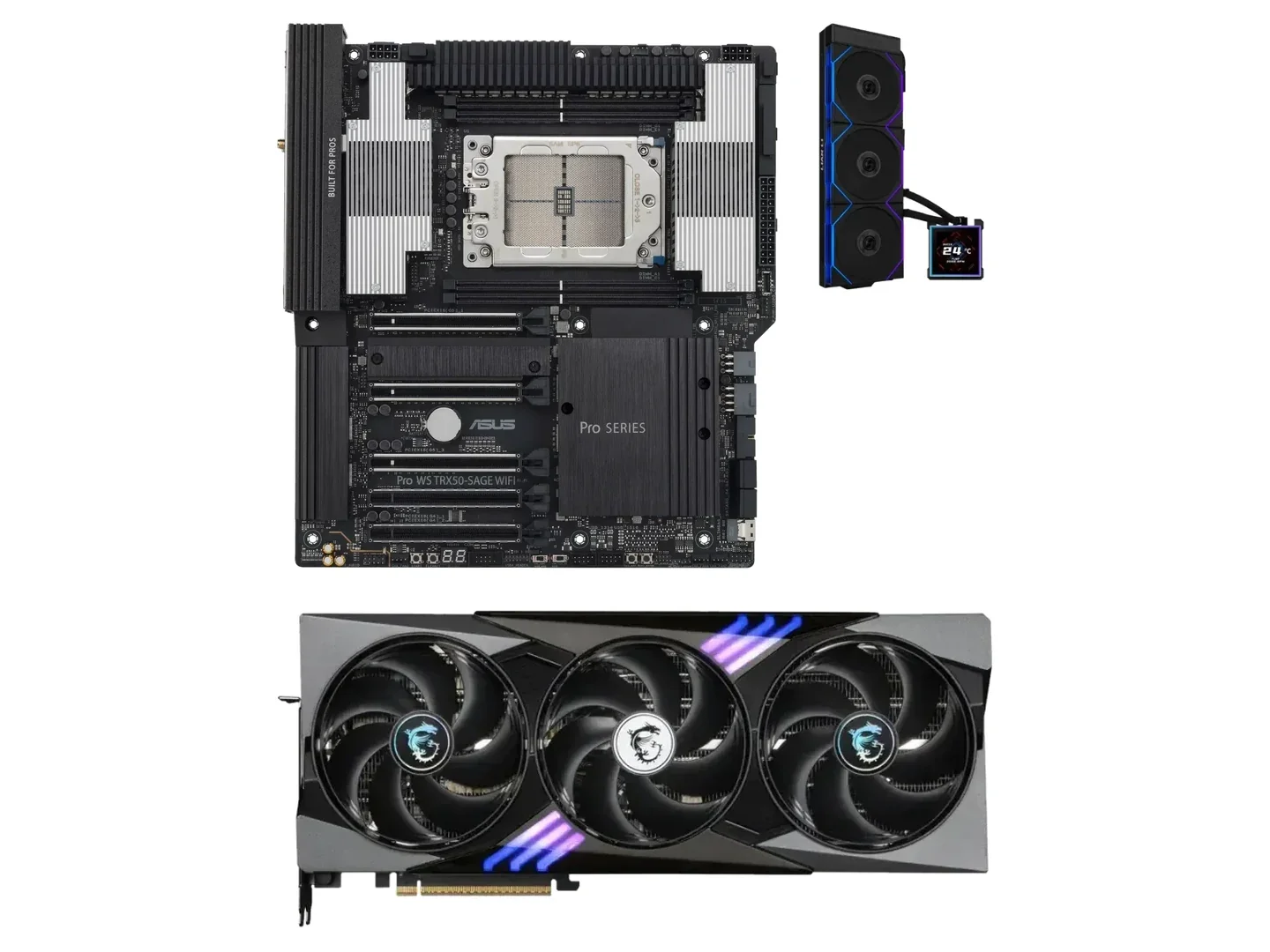 A workstation mainboard, a liquid CPU cooler and a graphics card laid out on a white surface.
